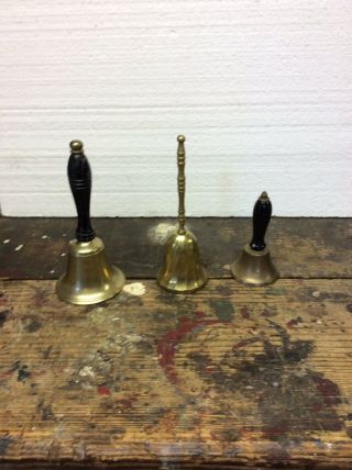 3 Vintage Brass School House Bells 2 With Wooden Handles 1 All Brass Low Ship