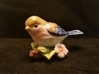 Cute Small Yellow And Blue Ceramic Porcelain Bird Figurine On Branch With Flower