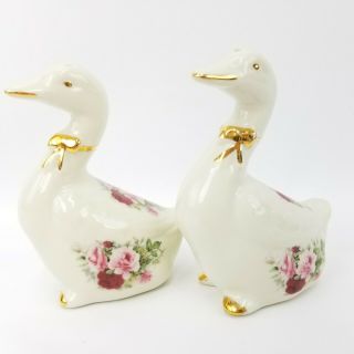 Formalities Baum Bros Porcelain Ducks Roses Gold Trim Salt And & Pepper Shakers
