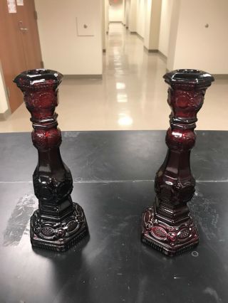 Avon 1876 Cape Cod,  Ruby Red Candlestick/candle Holders Pair (2) 8.  5 " Tall
