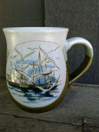 Vtg Seagulls Stoneware Mug Cup Blue Brown Glazed Sailboat Sea Otagiri Ships Bay