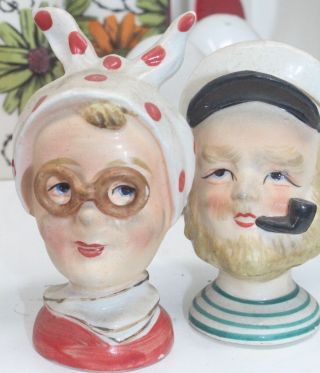 Vintage Ceramic Head Captain Sailor Pipe Polka Dot Lady Salt Pepper Shaker Japan