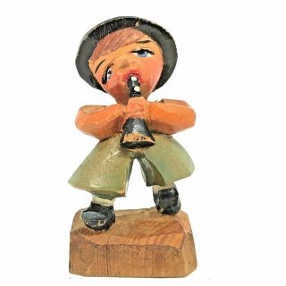 F14 Anri Miniature Wood Carved Boy Musician Lederhosen Vintage Folk Art 1930 