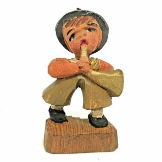 F13 Anri Miniature Wood Carved Boy Musician Lederhosen Vintage Folk Art 1930 
