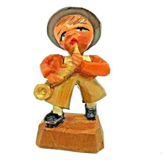 F15 Anri Miniature Wood Carved Boy Musician Lederhosen Vintage Folk Art 1930 