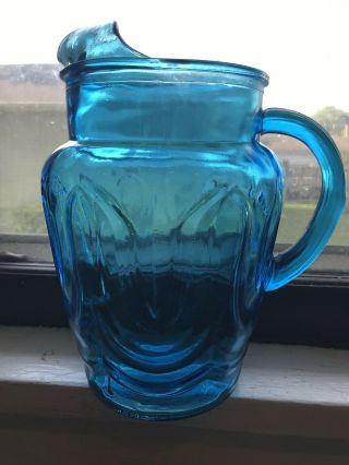 Vintage Anchor Hocking Colonial Tulip Blue Glass Pitcher
