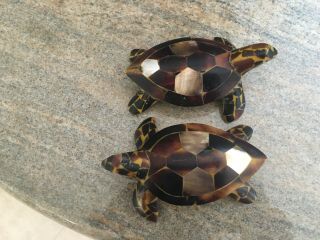 Two Sea Turtle Figurines Mosaic Tortoise Shell Abalone