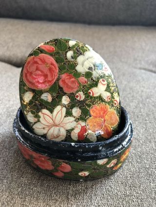 Vintage Paper Mache Oval Trinket Box Flowers India Hand Painted