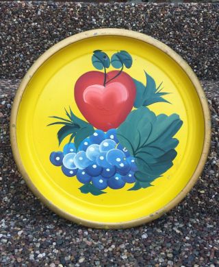 Vintage Tole Hand Painted Metal Tray 11 " Round Fruit Vibrant Yellow,  Red,  Blue