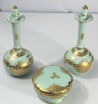 Ardalt Japan Vintage Hand Painted Porcelain Vanity Set Pale Green With Gold