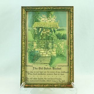 Vintage Framed Wishing Water Well Print And Motto Poem The Old Oaken Bucket 5x7