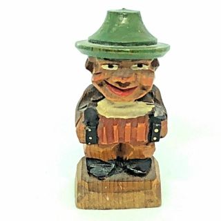 Wd21 Anri Miniature Wood Carved Boy Musician Lederhosen Vintage Folk Art 1930s