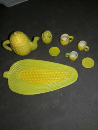 Miniature Tea Set Corn Cob 10 Piece Cup,  Saucer,  Teapot,  Creamer,  Sugar,  Tray