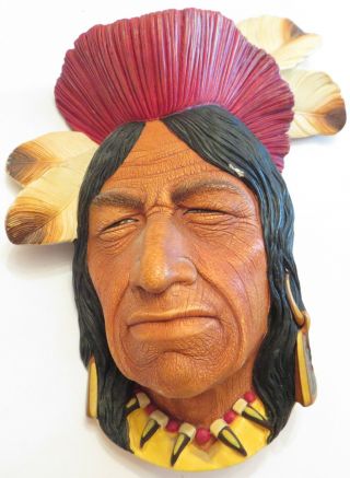 Vintage Chalkware Head Hand Painted Tecumseh Shawnee Indian Chief Wall Decor