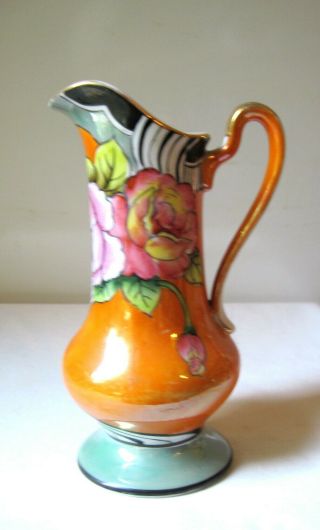 Japanese Luster Ware Pitcher With Floral,  Geometric Themes; Cherry Blossom Mark