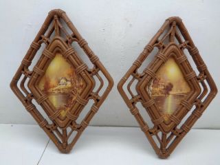 2 Vtg 1983 Homco Cottage/water Scene Diamond Shaped Syroco Style Wall Plaques