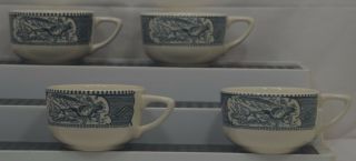 Vintage 4 Currier And Ives Tea Cup Coffee Mug Blue & White,  Royal Usa