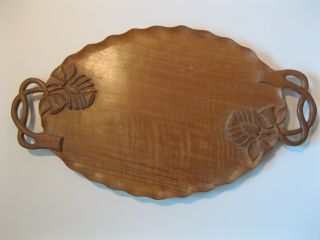 Vintage Hand Carved Scandinavian Wood Tray With Vine Handles