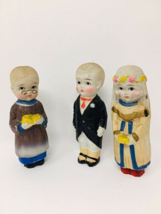 Vintage 3 Bisque Wedding Cake Toppers Preacher,  Bride And Groom Dolls Japan