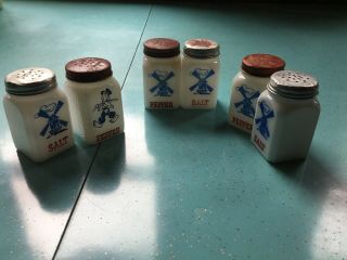 Vintage Milk Glass Windmill Salt & Pepper Shakers With Lids Red White And Blue