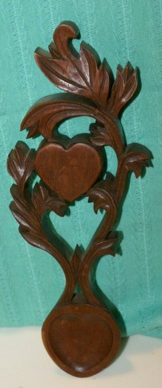 Vtg Carved Wood Love Spoon 10 " H X3.  5 " W X 3/4 " D Hearts Love Folk Art