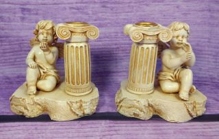 Set/2 Ivory Short Ceramic Cherub Angels And Columns Taper Candle Holders 4.  5 " H