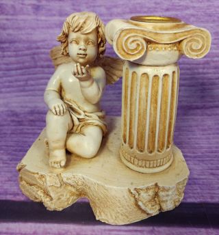 Set/2 Ivory Short Ceramic Cherub Angels and Columns Taper Candle Holders 4.  5 