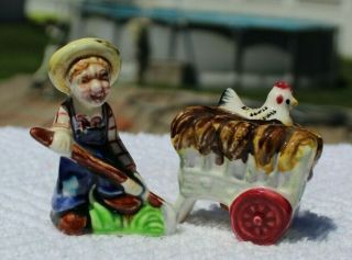 Vintage Farmer And Cart With Chicken Salt And Pepper Shakers - Japan