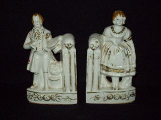 Vintage Ceramic Victorian Lady & Gentleman Bookends - Made In Japan