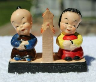 Vintage Asian Children On Building Tray Salt And Pepper Shakers - Maruri Japan