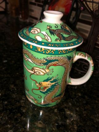 Dragon Ceramic Porcelain Tea Cup Mug With Lid Chinese Green