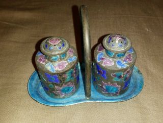 Vintage Tin Metal Hand Painted Blue Purple Water Lily Salt And Pepper Shaker Set
