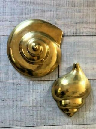 Vintage Brass Nautical Shell Wall Hangings,  Set Of 2 For Beach Or Boat House