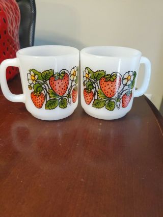 Glasbake Milk Glass Vintage Strawberry Mugs Set Of Two 2