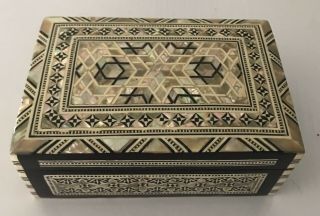 Vintage Marquetry Inlaid Wooden Jewelry Trinket Box Mother Of Pearl Inlay
