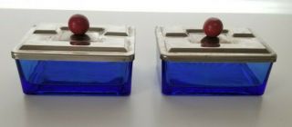 Set Of 2 Vintage Cobalt Blue Glass Art Deco Style Covered Trinket Boxes