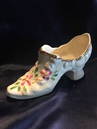 Vintage Ceramic Hand Painted Victorian Shoe Boot With Gold Trim