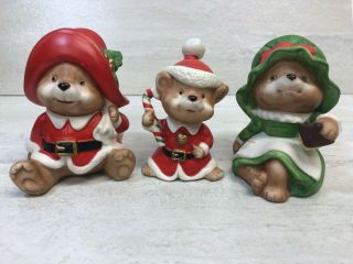 Vintage Homco 5600 Set Of 3 Christmas Bear Family Ceramic Figurines,  3 "