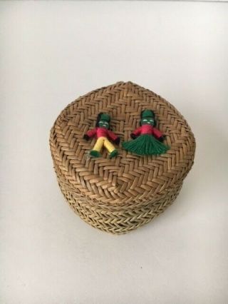 Unique Miniature Woven Basket Attached Lid Embroidered Applique Folk Art 2 3/4 "