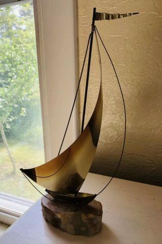 Vintage " Demott " Signed Metal Art 10 " Sailboat Sculpture Brass Onyx Quartz