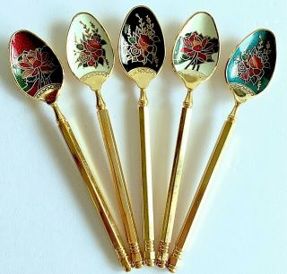 5 Cloisonne Gold - Tone Floral Souvenir Spoons 5 Inches