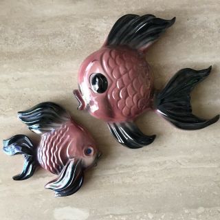 Vintage Chalkware Fish Family Pink Black Gold Shimmer Bathroom Wall Decor