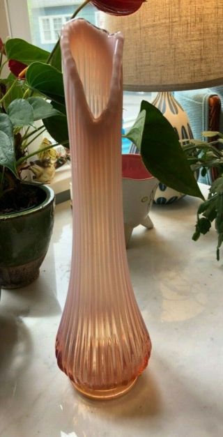 Swung Stretch Vase Pink Cased Ribbed Estate Find 13 1/2 " Tall