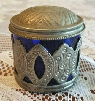 Vintage Cobalt Blue Glass And Silver Pewter Trinket Box - Jar / About 2 1/2 " Tall