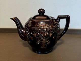 Vintage Retro Brown Ceramic Hand Painted Teapot Floral Gold Trim Made In Japan