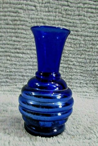 Small Old 4 - 1/2 " Tall Usa Cobalt Blue Transparent Ribbed Glass Bud Vase S/h