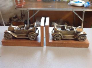 Vintage Large Model A T Convertible Heavy Brass Bookends On Wood Base
