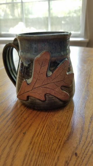 Handmade Hand Thrown Pottery Blue Green W/leaf Large Coffee Mug Mud Dabbers Nc
