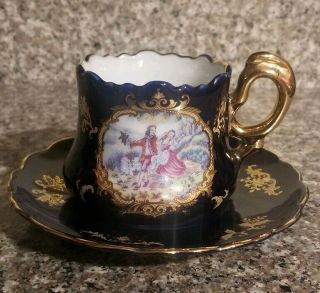 Limoges Fragonard Courting Couple Cobalt Blue Gold Tea Cup And Saucer