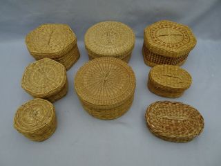 8 Vintage Collectible Baskets Tightly Woven Grass W Lids Set Of 3 Nesting 6 Side
